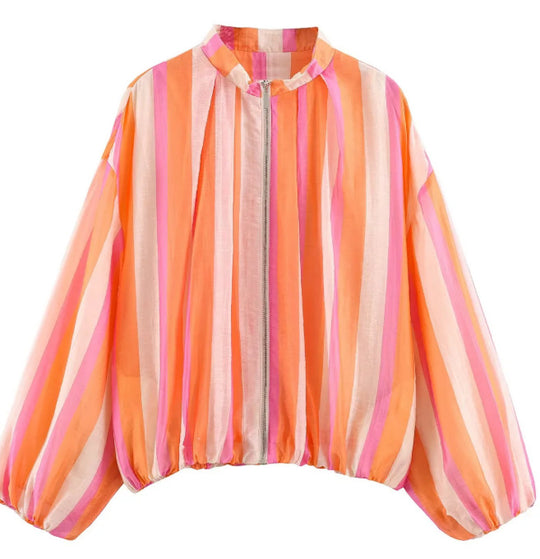 Damen Gestreifte Cropped Blousonjacke mit Stehkragen, Reißverschluss und Ballonärmeln Nord Taschen