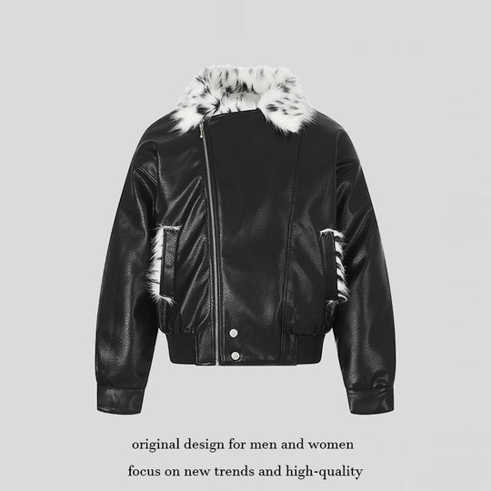 Damen Kunstleder-Bomberjacke mit asymmetrischem Reißverschluss und kontrastierendem Faux-Fur-Kragen Nord Taschen