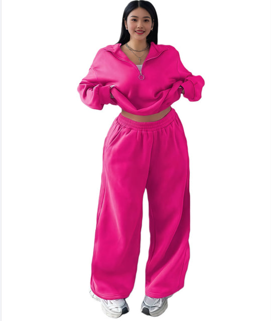 Damen Cropped Oversize-Sweatshirt mit halbem Reißverschluss und weite High-Waist Jogginghose Set Nord Taschen
