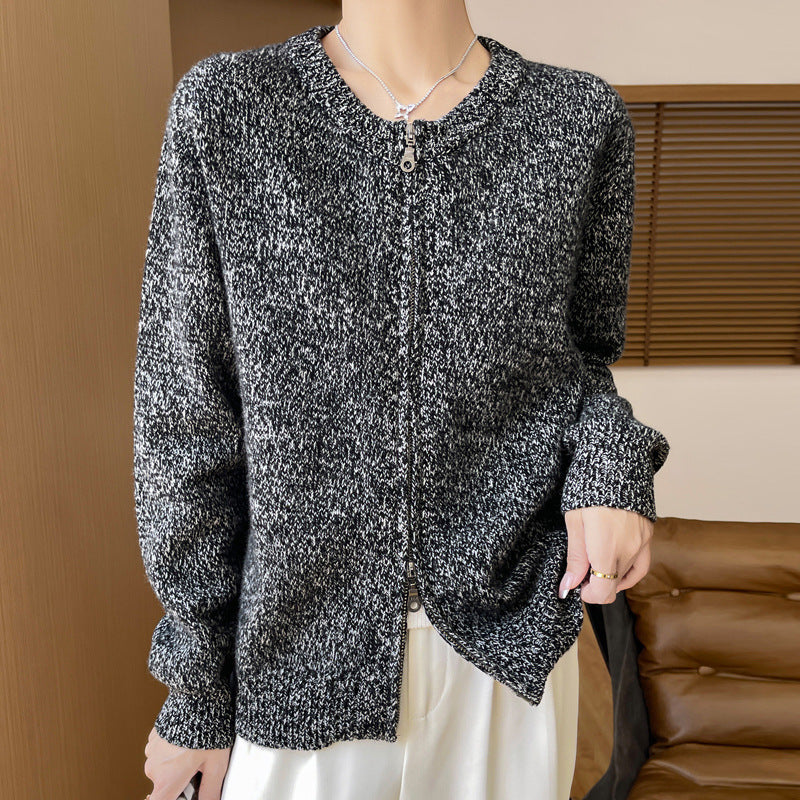 Damen Melierter Reißverschluss-Cardigan mit Zwei-Wege-Zipper und gerippten Bündchen Nord Taschen