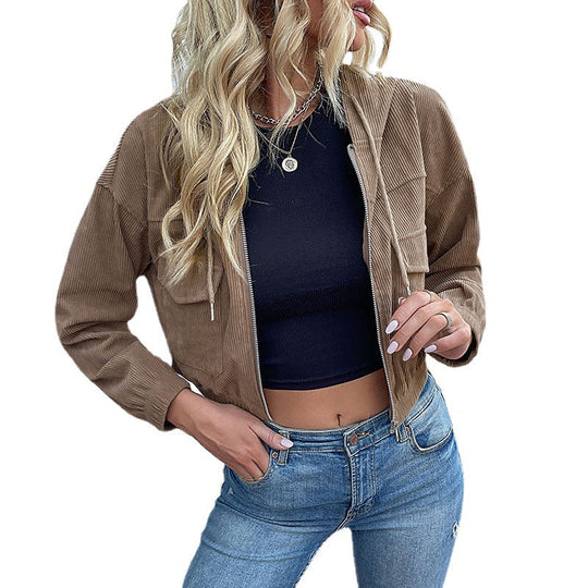 Damen Kurze Cord-Jacke mit Kapuze, Reißverschluss & Brusttaschen Nord Taschen