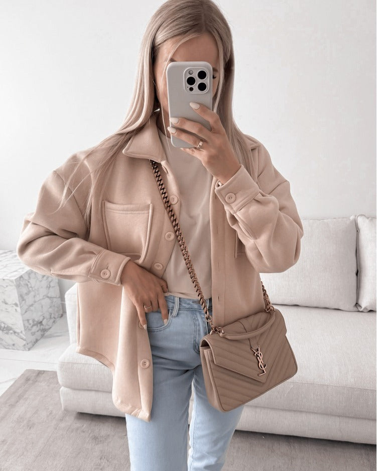 Damen Oversized Hemdjacke Shacket aus weichem Wollmix mit aufgesetzten Brusttaschen Nord Taschen