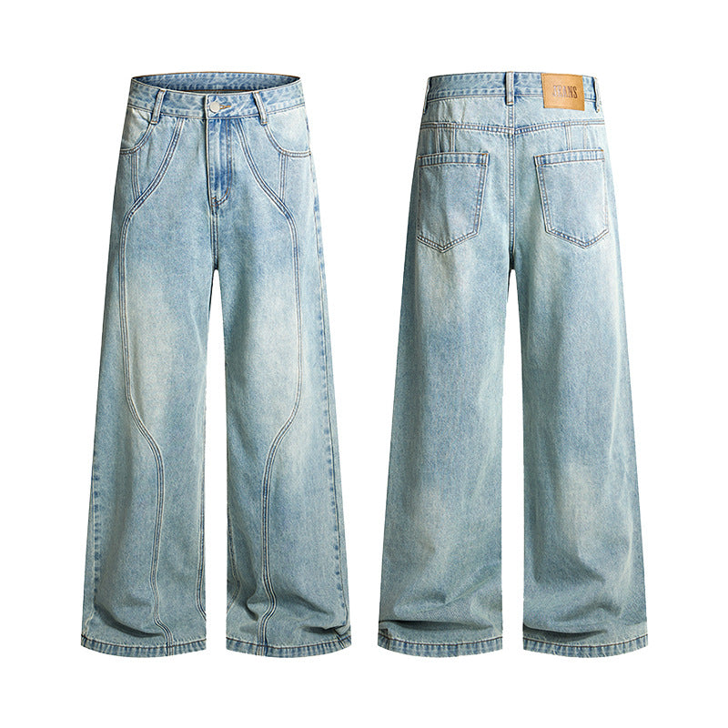Herren Weit geschnittene Denim-Palazzohose mit geschwungenen Nahtpaneelen und extralangem Saum Nord Taschen