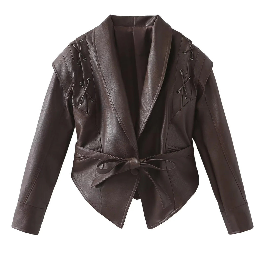 Damen Kurzjacke aus Wildlederoptik mit Wickelgürtel, Schalkragen und Schnürdetail Nord Taschen