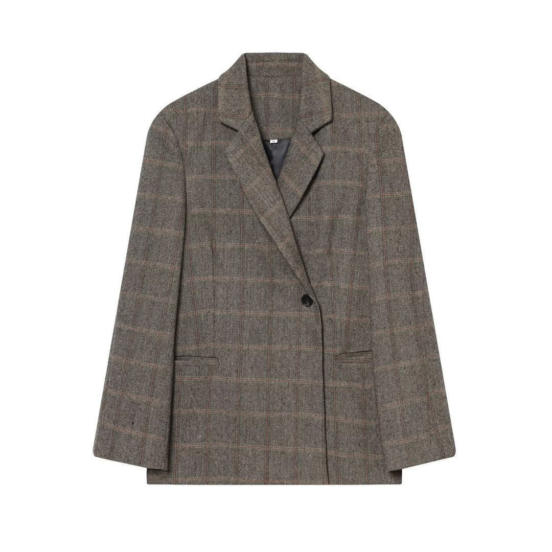 Damen Oversize Wollmix-Blazer mit Glencheck und Ein-Knopf-Verschluss Nord Taschen