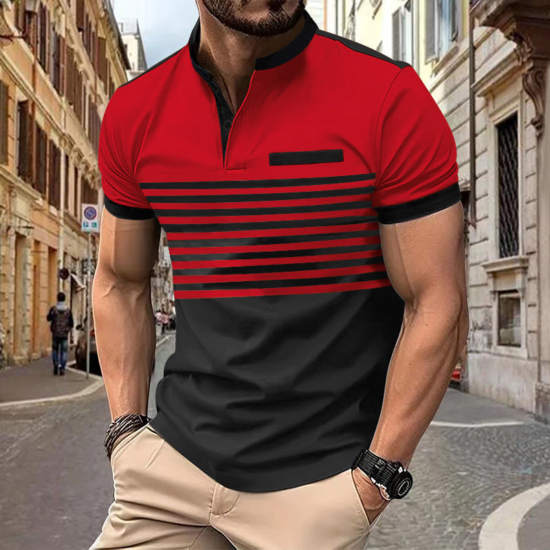 Herren nan kurzärmeliges Streifen-Kurzarmshirt mit Knopfleiste, Stehkragen und Brustpaspel Nord Taschen