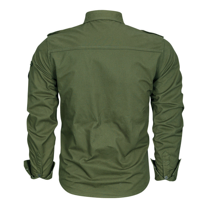 Herren Militärisches Baumwollhemd mit Schulterklappen, Pattentaschen und Stickpatches Nord Taschen