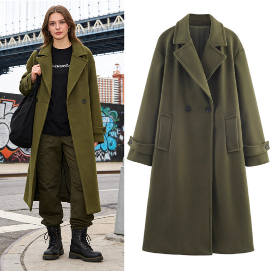 Damen Oversize Wollmix-Mantel mit Doppelreiher, breitem Revers und Ärmelriegel Nord Taschen