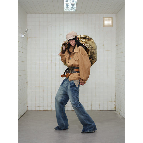 Damen Kurz geschnittene Wildleder‑Optik Blousonjacke mit Western‑Yoke und Nietenapplikation Nord Taschen