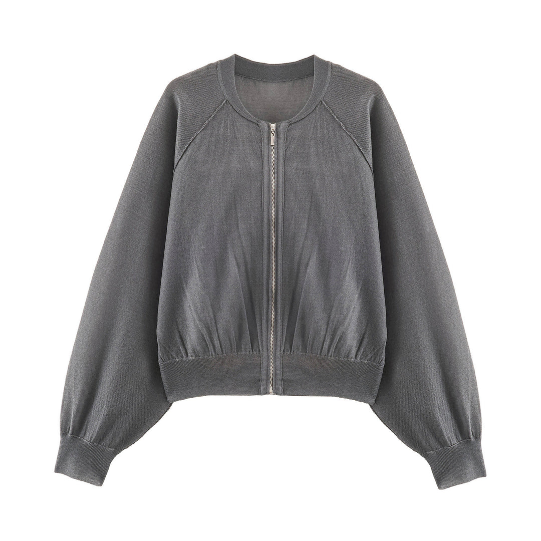 Damen Leichter Strick‑Bomber mit Reißverschluss, Ballonärmeln und gerafftem Saum Nord Taschen