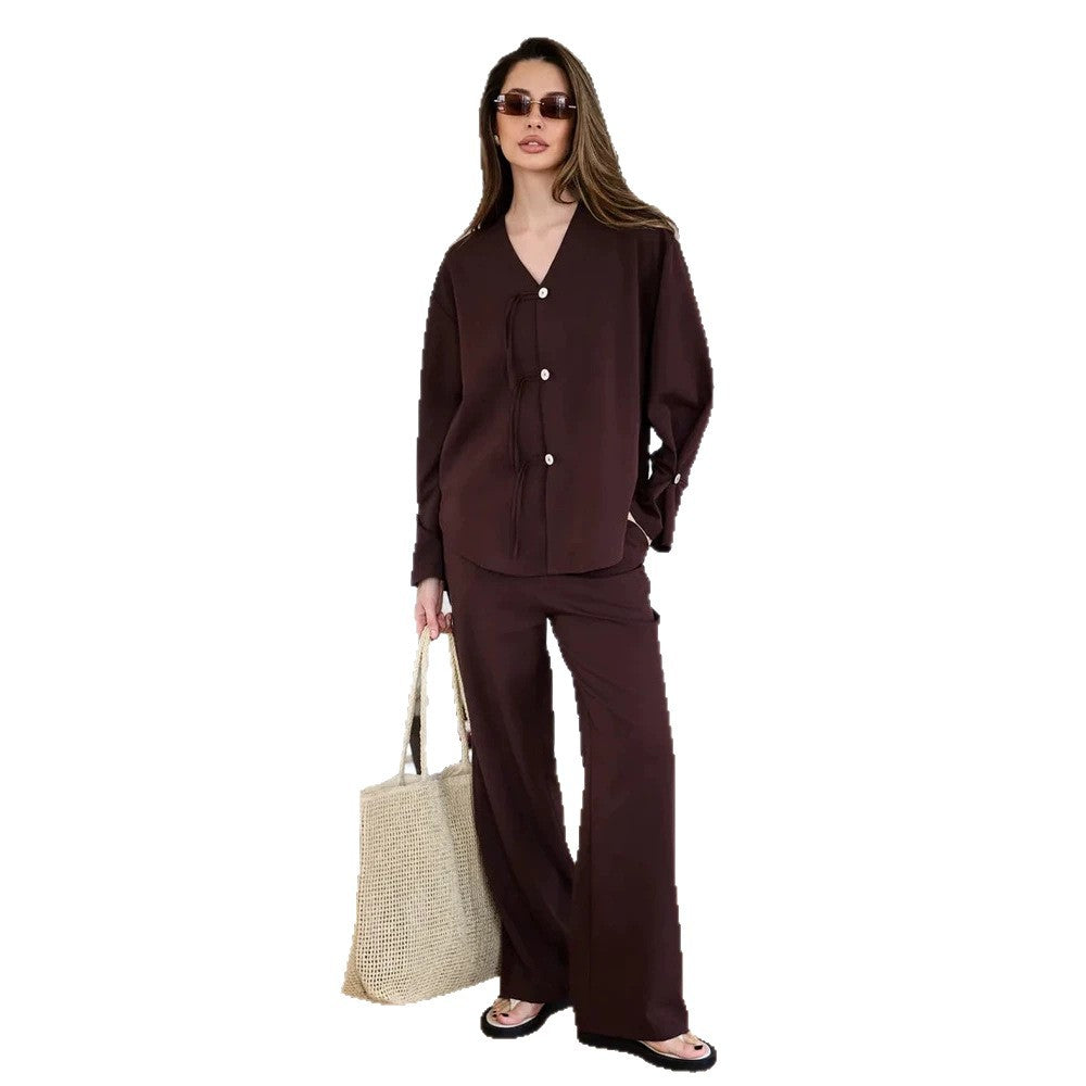 Damen Lässiges Lounge-Set mit V‑Ausschnitt, Knopfleiste und Zugbändern Nord Taschen