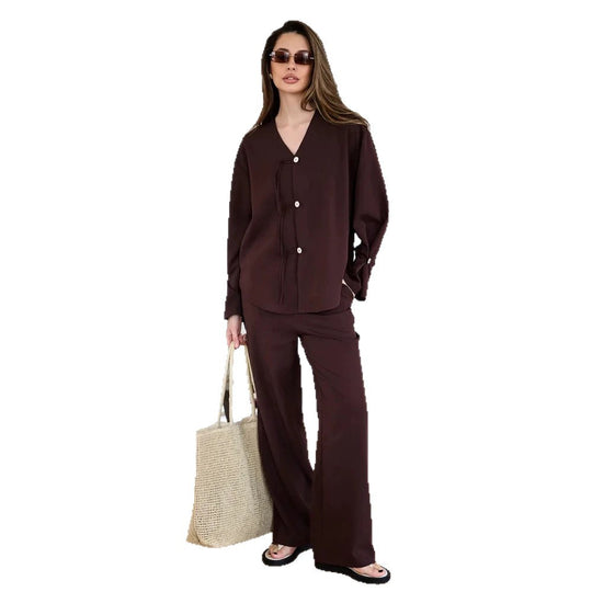 Damen Lässiges Lounge-Set mit V‑Ausschnitt, Knopfleiste und Zugbändern Nord Taschen