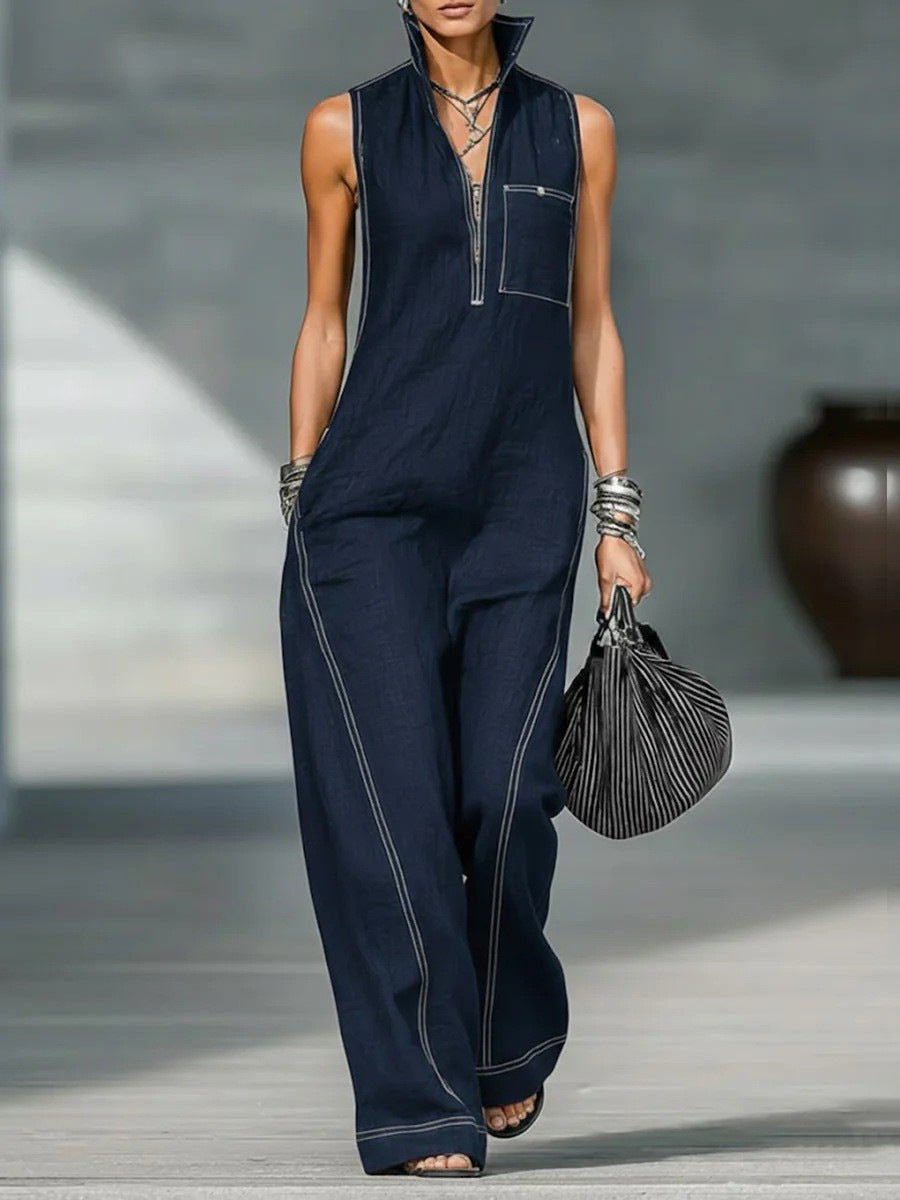 Damen Utility-Jumpsuit mit hochgeschlossenem Kragen und tiefem Reißverschluss Nord Taschen