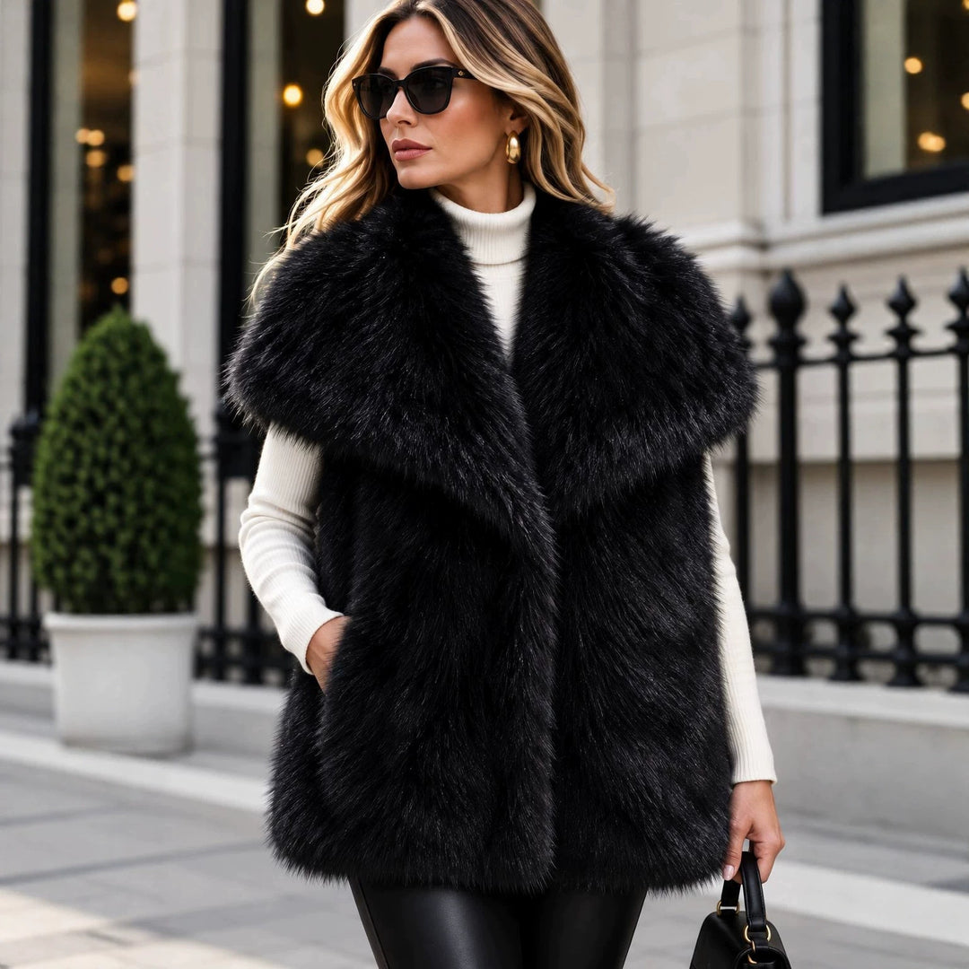 Damen Ärmellose Luxus‑Faux‑Fur‑Weste mit extraweichem Langflor und übergroßem Schalkragen Nord Taschen