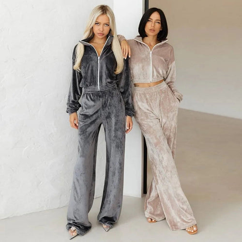 Damen luxuriöses Velours Lounge-Set mit kurzem Reißverschlussjacke und hochtaillierter Gummibund-Jogger Nord Taschen