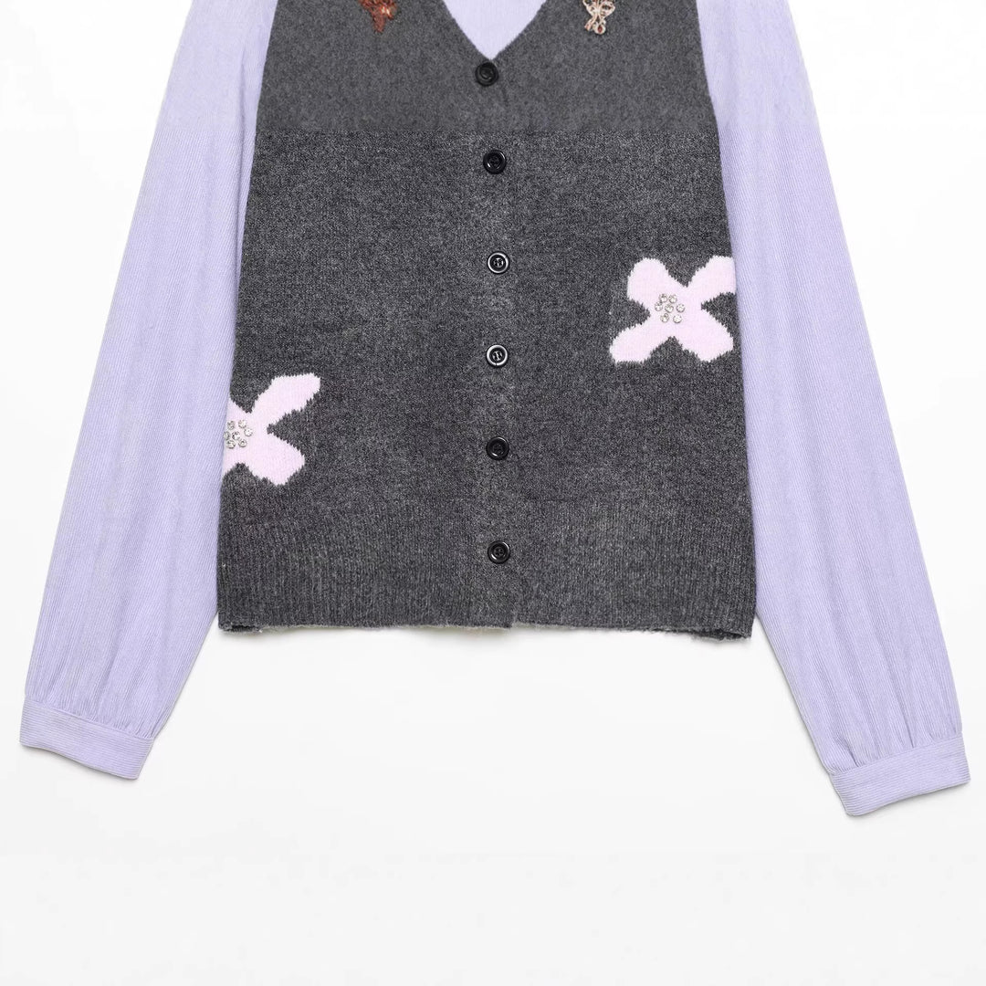 Damen Strickcardigan mit Zierblüten‑Applikation und kontrastärmeln Nord Taschen