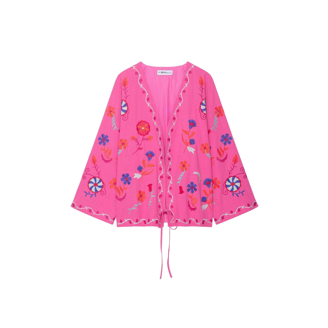 Damen Oversize Leichte Baumwoll-Cardiganjacke mit farbenfroher Blumenstickerei Nord Taschen