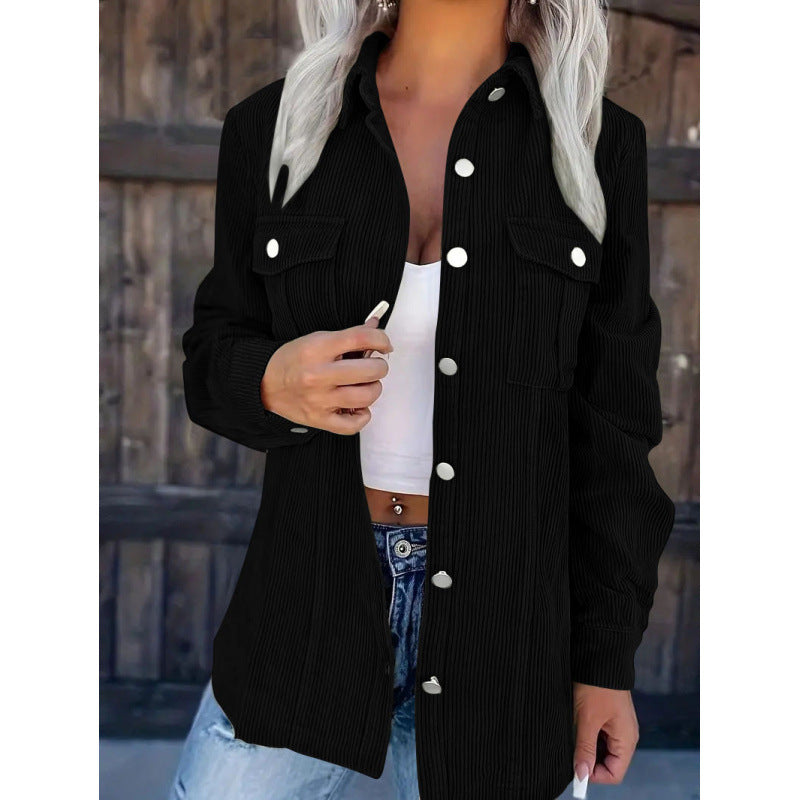 Damen Cord-Hemdjacke im Shacket-Stil mit Druckknopf-Leiste und Brusttaschen Nord Taschen