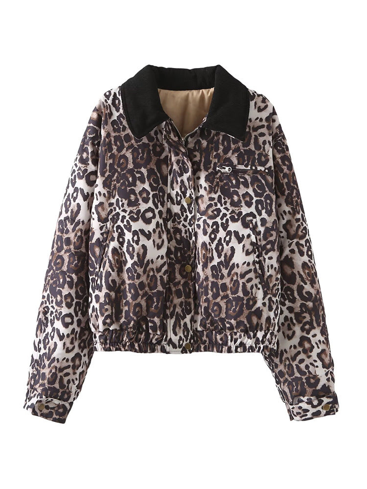 Damen Kurze Stepp-Blousonjacke im Leopardenmuster mit Cordkragen Nord Taschen
