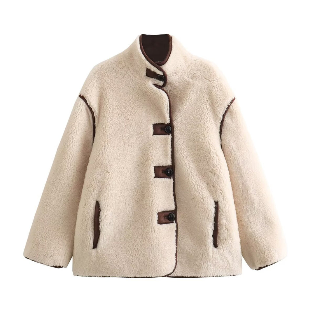 Damen Kurz geschnittener Oversize Teddy-Mantel mit Stehkragen und Kontrastpaspeln Nord Taschen