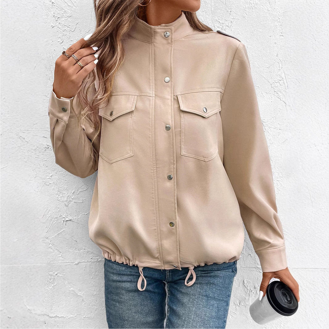 Damen Oversize Hemdjacke mit Druckknopf-Front, Brustklappen und Tunnelzugsaum Nord Taschen