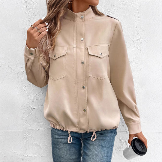 Damen Oversize Hemdjacke mit Druckknopf-Front, Brustklappen und Tunnelzugsaum Nord Taschen