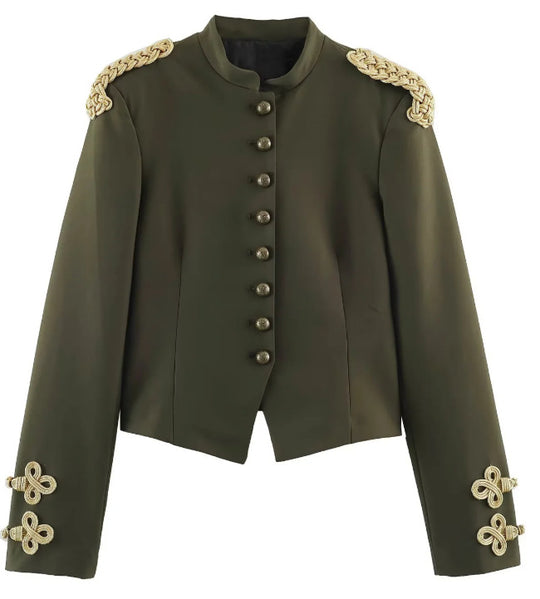 Damen Kurzjacke im Militärlook mit Stehkragen, goldenen Epauletten und dekorativen Zierknöpfen Nord Taschen