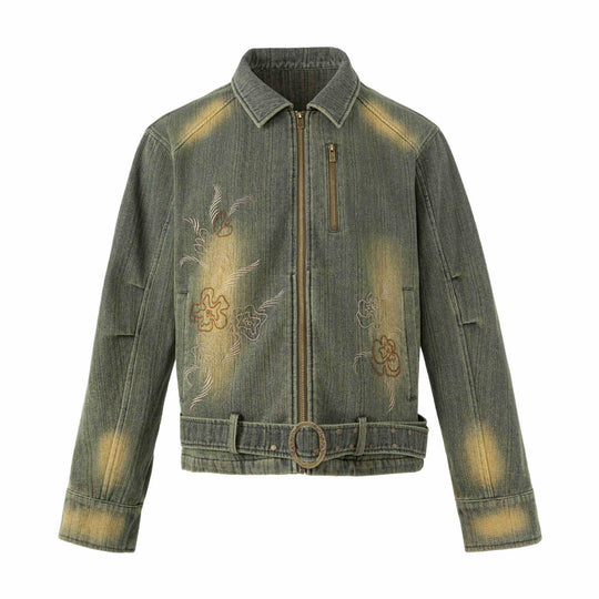 Damen Bestickte kurze Denim-Blousonjacke mit Taillengürtel und Reißverschluss Nord Taschen