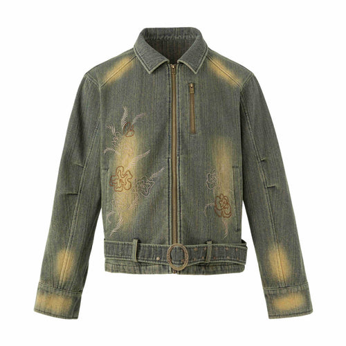 Damen Bestickte kurze Denim-Blousonjacke mit Taillengürtel und Reißverschluss Nord Taschen