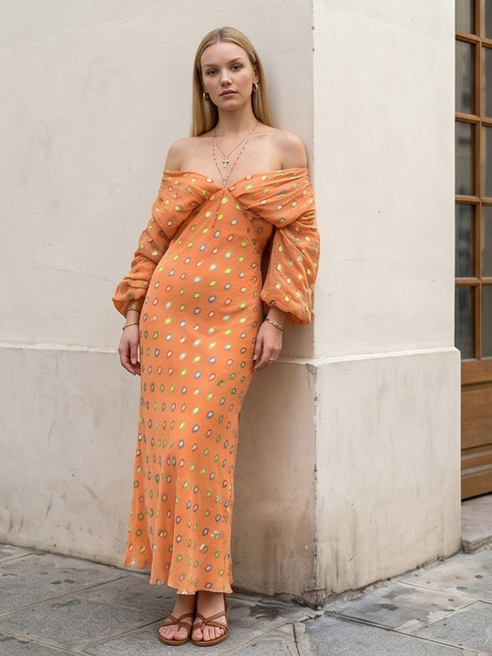 Damen Elegantes Off-Shoulder Maxikleid mit gedrehtem Vorderteil und Ballonärmeln Nord Taschen