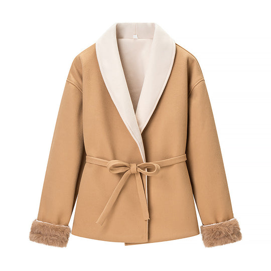 Damen Kurzblazer‑Mantel mit Kimono‑Schalkragen, Taillengürtel und Kunstfell‑Bündchen Nord Taschen