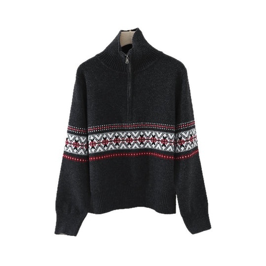 Damen Wärmender Norweger-Strickpullover mit halbem Reißverschluss und hohem Stehkragen Nord Taschen