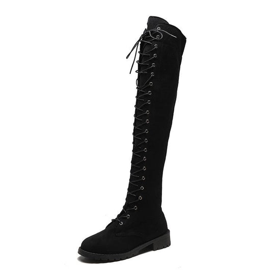 Damen Kniehohe Schnürstiefel mit durchgehender Schnürung aus Veloursimitat und rutschfester Profilsohle Nord Taschen
