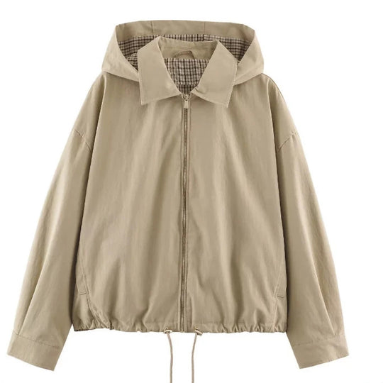 Damen Leichte Kapuzenjacke im Boxy‑Schnitt mit Kordelzug und Karofutter Nord Taschen