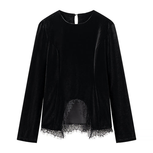 Damen Samt-Langarmshirt mit Spitzenbesatz und gewölbtem Saum Nord Taschen