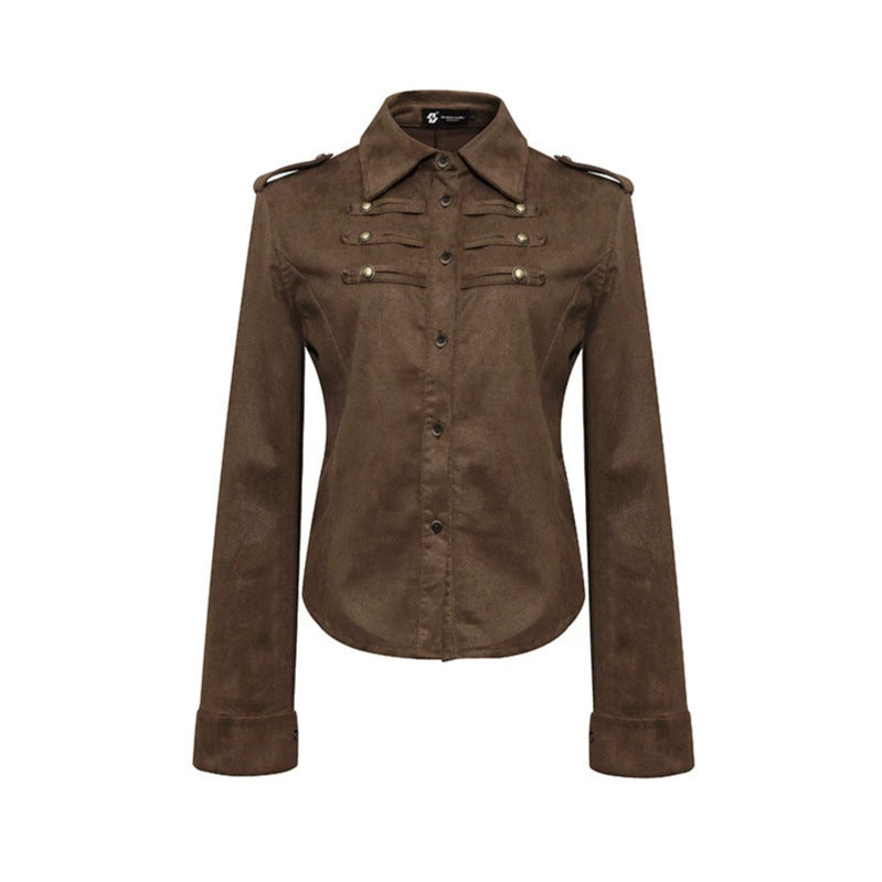 Damen Militärische Velours‑Optik Jacke mit Schulterklappen und Zierriegeln Nord Taschen