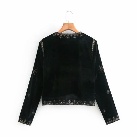 Damen Samt-Kurzjacke mit ornamentaler Perlen- und Zierstickerei Nord Taschen