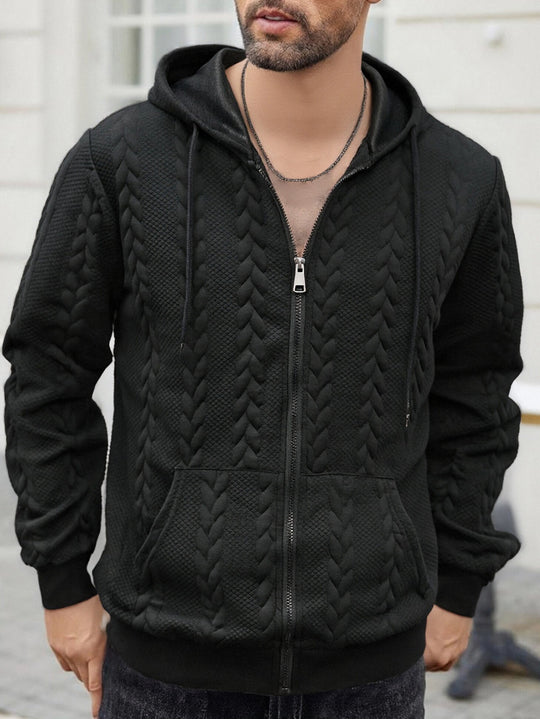 Herren strukturierte Kapuzen-Sweatjacke mit Zopfmuster, durchgehendem Reißverschluss und Kängurutasche Nord Taschen