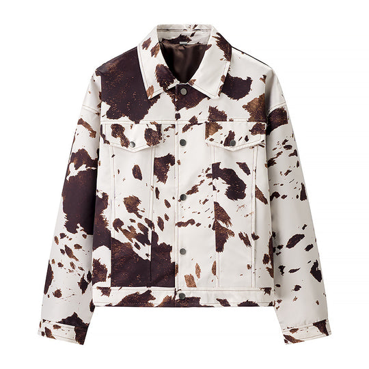 Damen Kurze Truckerjacke im Cowhide-Look mit aufgesetzten Brusttaschen und kontrastierender Schulterpasse Nord Taschen