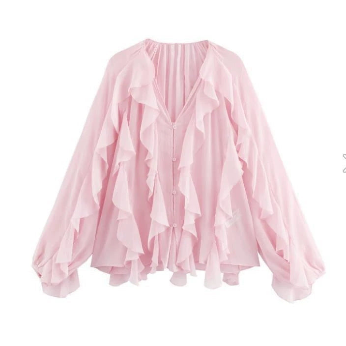 Damen Rüschenbluse mit weitem Schnitt und ballonartigen Ärmeln