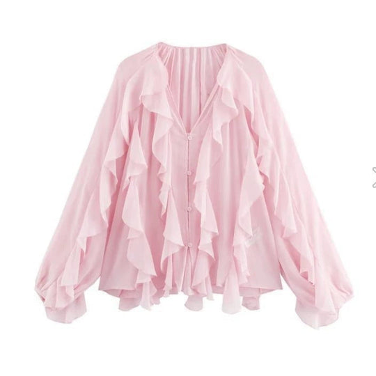 Damen Rüschenbluse mit weitem Schnitt und ballonartigen Ärmeln