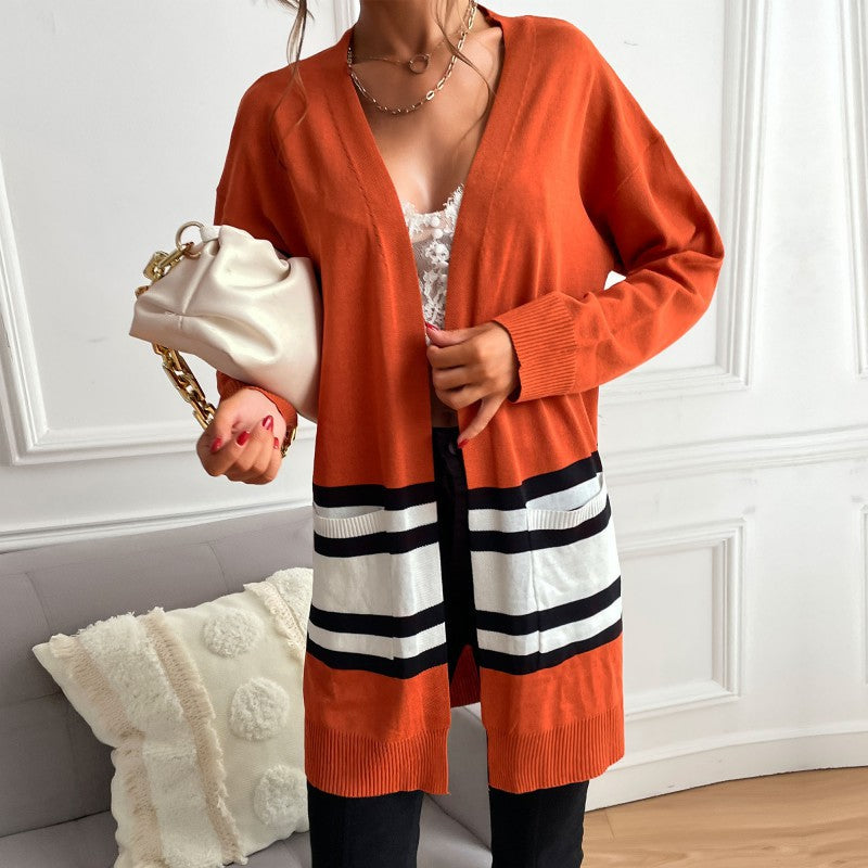 Damen Midilanger offener Feinstrick-Cardigan mit Colorblock-Streifen und aufgesetzten Taschen Nord Taschen