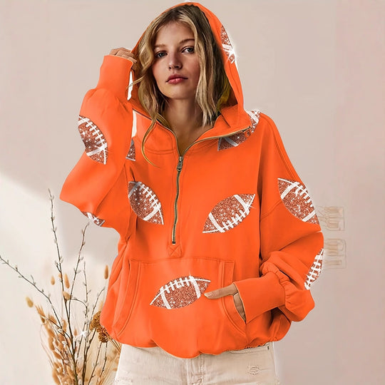 Damen Oversized Kapuzenpullover mit halbem Reißverschluss und Pailletten‑Football-Applikation Nord Taschen