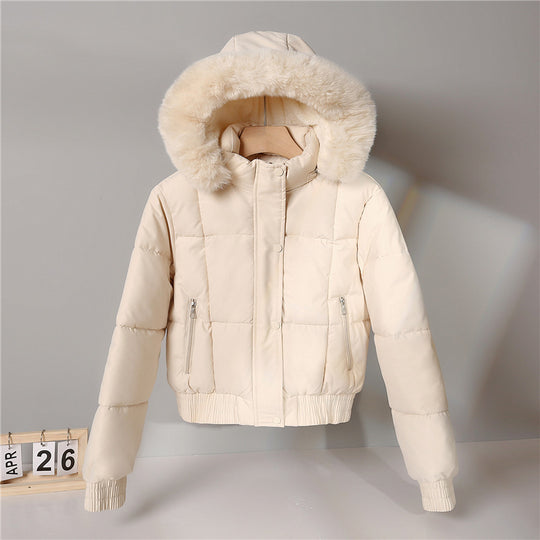 Damen nan wattierte Kurzjacke im Blousonstil mit Kapuze und kuscheligem Webpelzbesatz Nord Taschen
