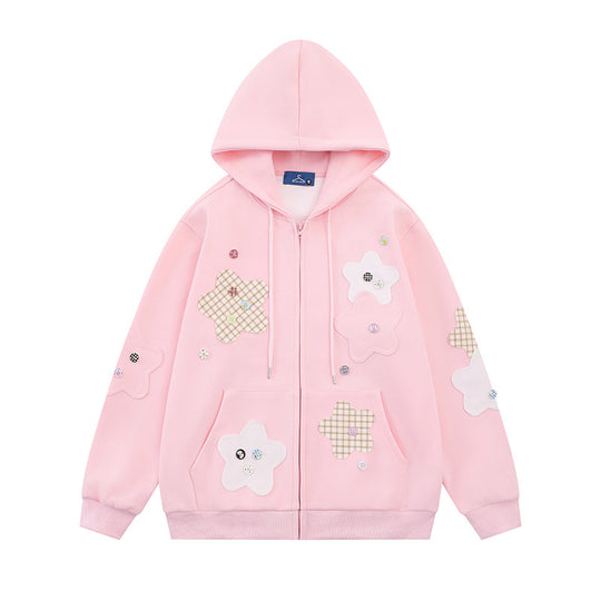 Damen Oversize-Zip-Hoodie mit floralen Stern-Applikationen und Knopf-Details Nord Taschen
