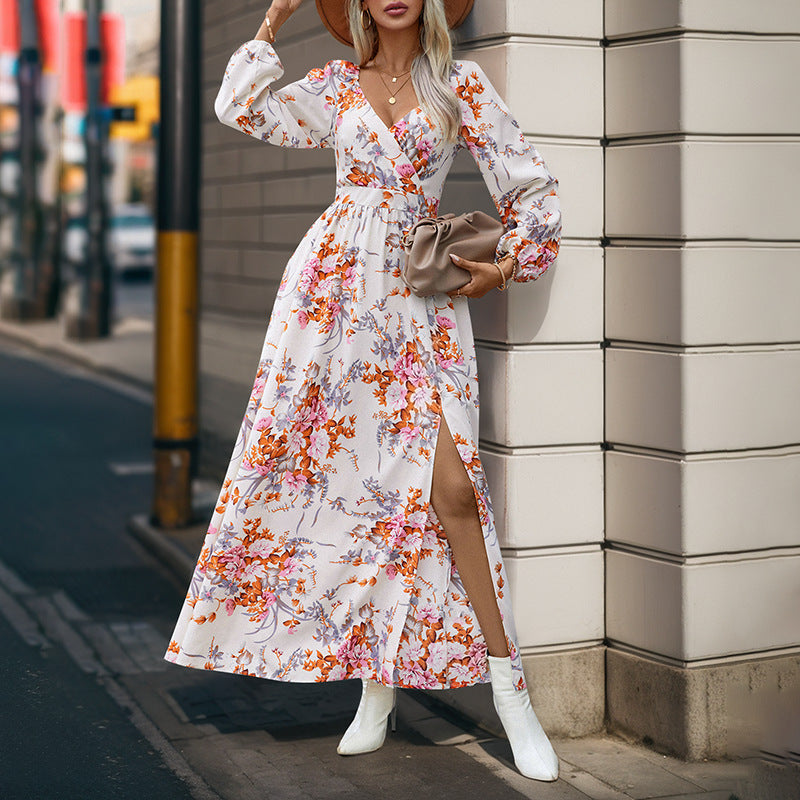 Damen Floral Maxikleid mit V-Ausschnitt und Rüschendetails Nord Taschen