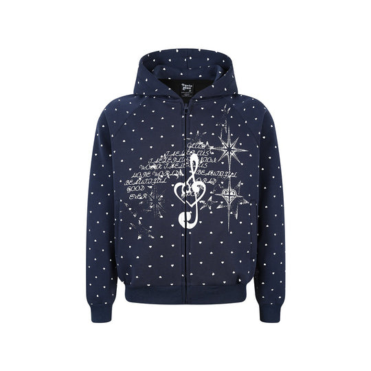 Damen Zip‑Hoodie im Herz-Allover mit Notenschlüssel‑Print und Kängurutaschen Nord Taschen