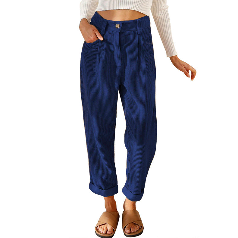 Damen lässige Cordhose mit hoher Taille, lockerer Tapered-Passform und umgeschlagenem Saum Nord Taschen