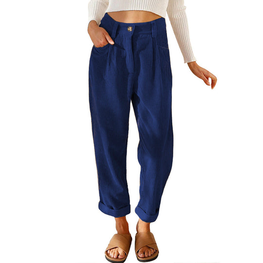 Damen lässige Cordhose mit hoher Taille, lockerer Tapered-Passform und umgeschlagenem Saum Nord Taschen