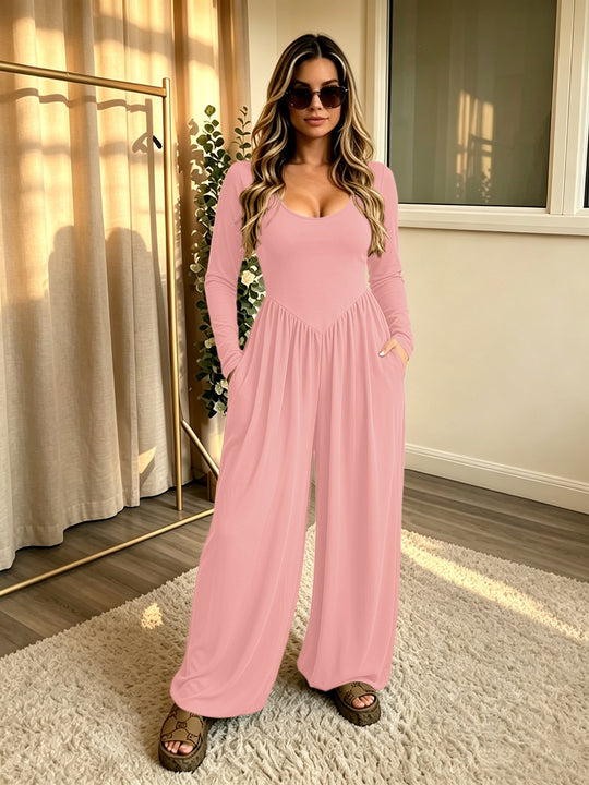 Damen Langer Jumpsuit mit weitem Bein, tiefem Rundhals und Eingrifftaschen Nord Taschen